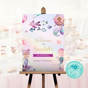 Mermaid Birthday Welcome Sign, Editable Mermaid Party Decoration, Under The Sea Mermaid Party, Pink Purple Girl Printable Template ME01