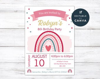 May include: A pink and white birthday party invitation with a rainbow graphic and the text "Robyn's 8th Birthday Party." The invitation includes the date, time, and location. The text "Editable with Canva" is also included.