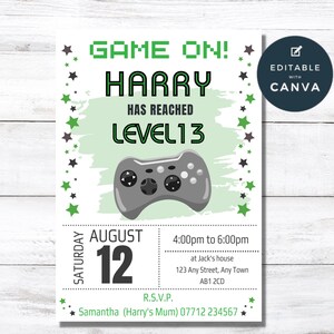 Video Game Party Invite, Gamer Boy Birthday Party Editable Invitations, Green Gaming Party Invitation Template, VG02