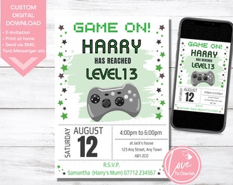 Video Game Birthday Invitation, Personalised Gaming Party Printable, Green Gamer Invite, Game Party, Custom Digital Invite
