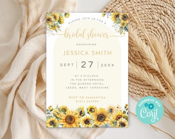 Puede incluir: Invitación a una despedida de soltera con diseño de girasoles. La invitación incluye el texto "Please join us for a bridal shower" y los detalles de la despedida de Jessica Smith, incluyendo fecha, hora y lugar.