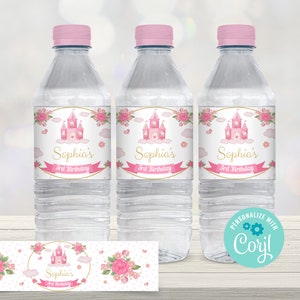 May include: Three clear water bottles with pink caps and labels. The labels feature a pink castle, flowers, and the text "Sophia's 3rd Birthday." A matching label is at the bottom. The design is for a birthday party.