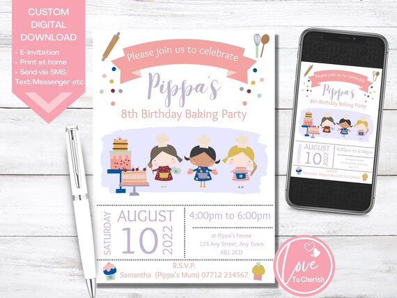 Baking Birthday Invitation Girl Cooking Party Invite Digital - Etsy