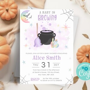 A Baby is Brewing Invitation, Halloween Baby Shower Invitation, Editable Baby Girl or Boy Shower Invite, Instant Download Template HA12