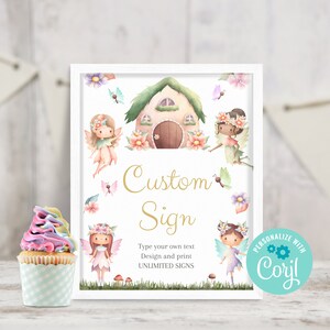 Signo personalizado de cumpleaños de hadas, decoración editable de fiesta de hadas, fiesta de hadas en el jardín, signo del bosque encantado, plantilla imprimible FA02