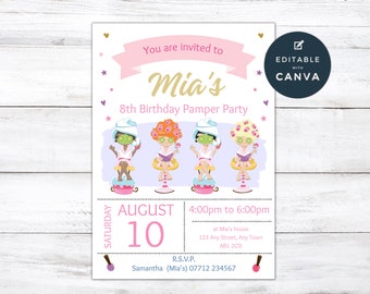 May include: Pink and gold birthday party invitation for an 8th birthday pamper party. The invitation features a cartoon illustration of four girls getting pampered at a spa. The text reads "You are invited to Mia's 8th Birthday Pamper Party. August 10, 4:00pm to 6:00pm at Mia's house, 123 Any Street, Any Town, AB1 2CD. R.S.V.P. Samantha (Mia's) 07712 234567."