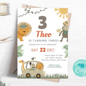 Jungle 3rd Birthday Invitation, Editable Safari Animals Birthday Party Invite, Party Animals Evite, Instant Download Template SA02