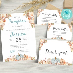 Editable Little Pumpkin Baby Shower Invitation Set, Blue Rustic Boy Baby Shower Invite Bundle , Diaper Raffle Ticket, Books for Baby BP04