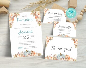 May include: A baby shower invitation with a pumpkin theme. The invitation is decorated with fall colors and features a watercolor illustration of pumpkins and flowers. The text on the invitation reads "A Little Pumpkin is on his way." and includes the name "Jessica" and the date "Sat 25 Oct".