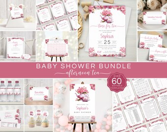 Nachmittagstee Babyparty Bundle, Teeparty Bundle, bearbeitbare Babyparty einladen Dekor & Spiele Paket, druckbare rosa Babyparty LBA02