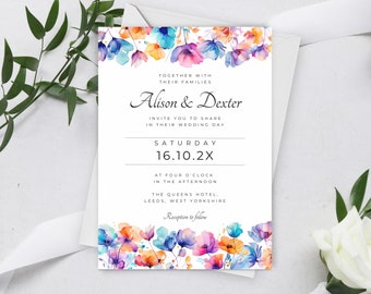 Bright Floral Wedding Invitation Template, Printable Colourful Flower Invite, Wedding Invitation Download, Editable Invite LW06
