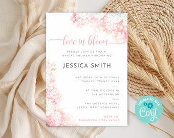 Hydrangea Love In Bloom Bridal Shower Invite, Printable Pink Floral Bridal Party Invite, Editable Bridal Brunch Invite Template HP01