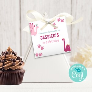 Pink Dinosaur Birthday Thank You Tag, Dinosaur Party Thanks Favour, Dino Safari, Editable Template, Girly Dinosaur, Instant Download DI04