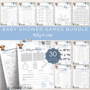 Highland Cow Baby Shower Games, Holy Cow Game Bundle, Editable Blue Baby Shower Game Pack, Printable Baby Boy Shower Games HC02