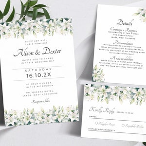 Suite de modèles de faire-part de mariage Lys blanc, carte RSVP imprimable Lys blanc, détails romantiques blancs modifiables et faire-part, LW215