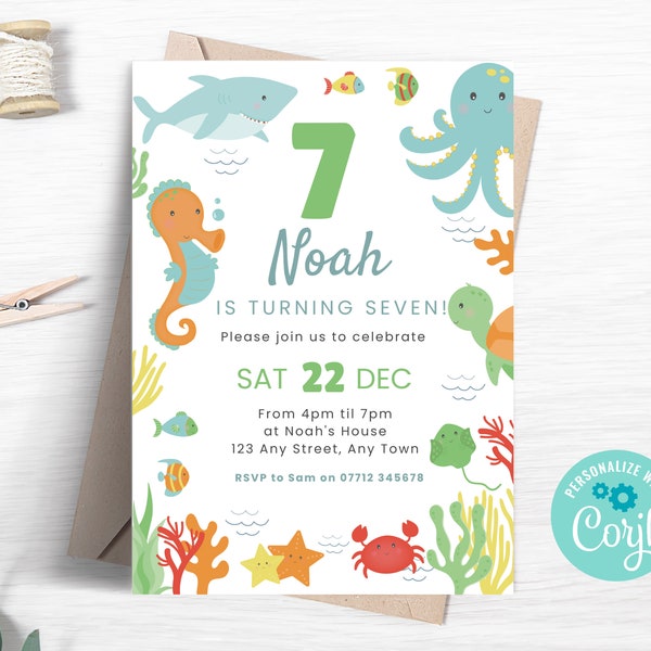 Under The Sea 7th Birthday Invitation, Editable Ocean Animals Party Invite, Colourful Marine Life Evite, Instant Download Template SEA05