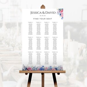 Rosa & Blaue Blumenhochzeit Sitzplan Vorlage, druckbare Sitzplan für rosa und blaue Blumen, Download bearbeitbares Tischsitzschild, LW491
