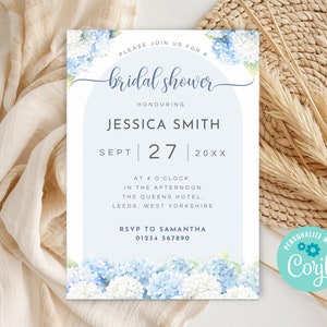 Hydrangea Bridal Shower Invite, Printable Blue Floral Bridal Party Invitation, Editable Bridal Brunch Invite Template HB01