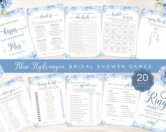 Hydrangea Bridal Shower Game Bundle, Editable Dusty Blue Floral Games Templates, Editable Wedding Shower Printable Signs HB01