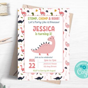 Pink Dinosaur Birthday Invitation, Dinosaur Party Invite, Dinosaur Safari, Editable Template, Stomp Chomp Roar, Instant Download DI01