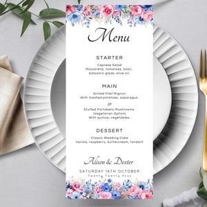 Plantilla de menú de boda floral rosa y azul, menú de cena de boda de flores rosas y azules imprimible, descargar menú de evento editable, LW491