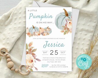 Bearbeitbare Blaue Kleine Kürbis Babyparty Einladung, Rustikale Babyparty einladen, Junge Blaue Blumen Babyparty, Sofortiger Download Vorlage BP06