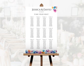 May include: A wedding seating chart with a watercolor floral design. The chart lists tables 1 through 12 with guest names under each table number. The text at the top reads "Jessica & David" and "Find Your Seat".