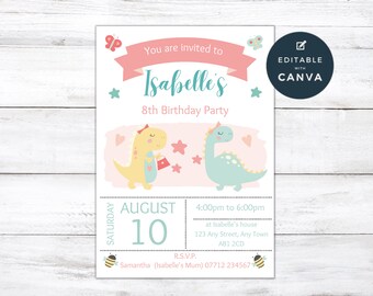 Girls Dinosaur Birthday Party Invitations, Dino Girls Editable Birthday Invites, Girls Dinosaur Themed Party, Instant Download Template DG01