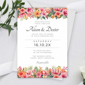 Tropical Wedding Invitation Template, Printable Bright Tropical Invite, Destination Beach Wedding Invitation Download, Editable Invite LW598
