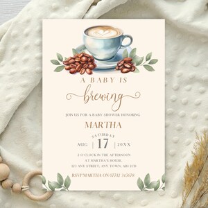Coffee Baby Shower Invitation, A Baby Is Brewing Baby Shower Invite, Boy or Girl - Gender Neutral - Editable Digital Download Template LBA23