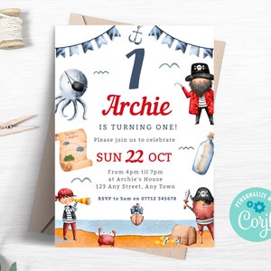 Faire-part 1er anniversaire pirate, invitation à une fête pirate modifiable, fête d'anniversaire sur le thème de la mer, capitaine pirate Evite, téléchargement immédiat modèle PI03