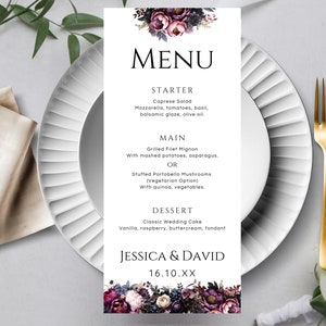 Plantilla de menú de boda floral cambiante, menú de cena de flores oscuras imprimible, descarga de menú de boda romántica, menú de evento editable LW05
