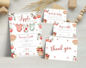 Apple Of Our Eye Baby Shower Invitation Bundle, Editable Fall Baby Shower Invite, Diaper Raffle, Books for Baby, Thank You Card LBA32