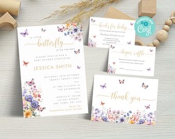 May include: A baby shower invitation with a butterfly theme. The invitation features a watercolor illustration of butterflies and flowers in shades of purple, pink, and yellow. The text reads "A Little Butterfly is on the Way" and includes the date, time, and location of the shower. There are also three smaller cards for "Books for Baby", "Diaper Raffle", and "Thank You".