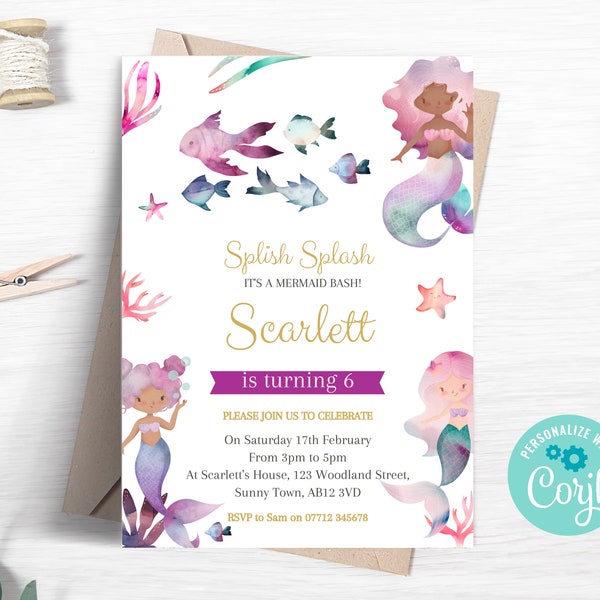 Mermaid Birthday Invitation, Editable Mermaid Party Invite, Under The Sea Mermaid Party, Magical Purple Pink Girls Printable Template ME02