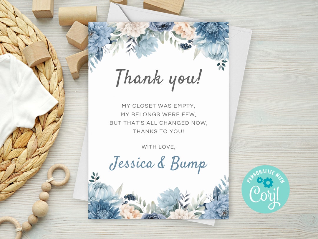 Editable Baby Boy in Bloom Baby Shower Thank You Note, Blue Floral Baby ...