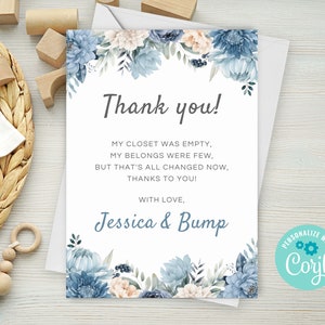 Bearbeitbare Baby Boy In Bloom Baby Shower Dankeschön, Blau Floral Baby Shower Danke Karte, Instant Download Vorlage BB03