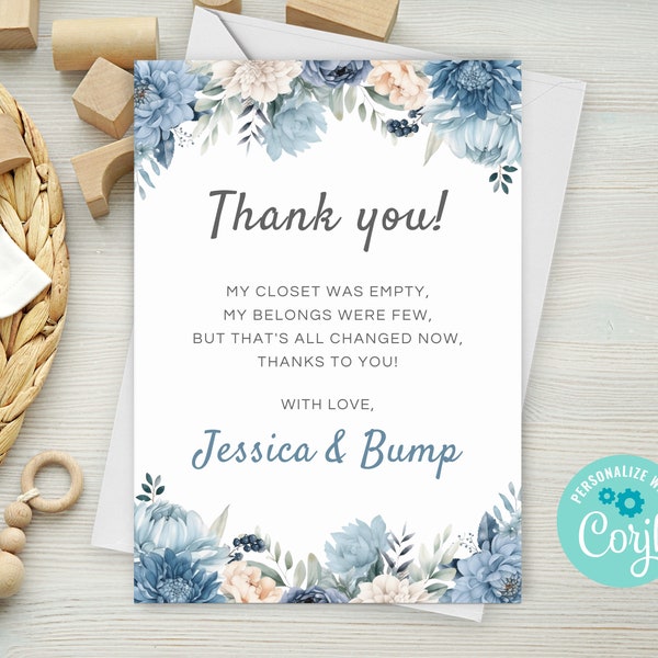 Editable Baby Boy In Bloom Baby Shower Thank You Note, Blue Floral Baby Shower Thank Card, Instant Download Template BB03