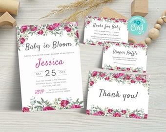 Editable Baby In Bloom Baby Shower Invitation Set, Pink Floral Baby Invite Bundle, Diaper Raffle Ticket, Books for Baby Download BB01