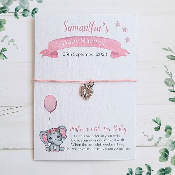 Personalised Baby Shower Wish Bracelet, Baby Elephant Theme Baby Shower Favours, Pink Charm String Wishing Bracelets BS02