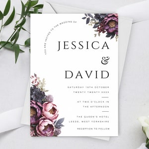 Moody Floral Wedding Invitation Template, Printable Dark Flowers Invite, Romantic Wedding Invitation Download, Editable Invite LW05