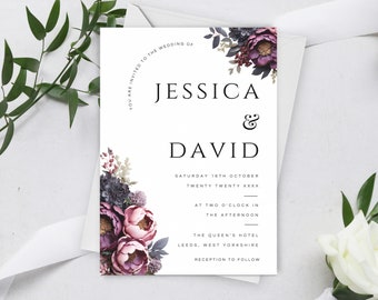Moody Floral Wedding Invitation Template, Printable Dark Flowers Invite, Romantic Wedding Invitation Download, Editable Invite LW05