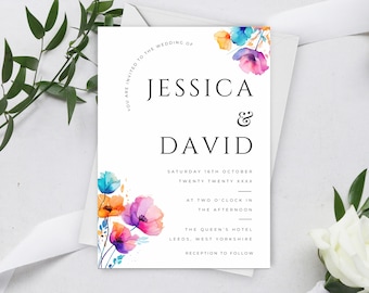 Bright Floral Wedding Invitation Template, Printable Colourful Flower Invite, Wedding Invitation Download, Editable Invite LW06