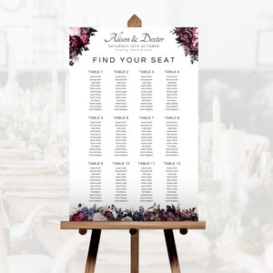 Moody Floral Wedding Seating Chart Template, Printable Dark Flowers Seating Plan, Editable Romantic Wedding Table Chart Sign Downlada, LW05