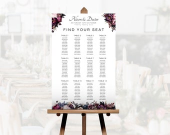 Moody Floral Wedding Seating Chart Template, Printable Dark Flowers Seating Plan, Editable Romantic Wedding Table Chart Sign Downlada, LW05