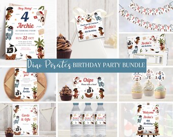 Dino Pirates Birthday Invitation Bundle, Pirate Party Decorations, Editable Dinosaur Pirates Birthday Package, Printable Template PI02