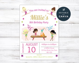 Invitación de cumpleaños de gimnasia para niñas, invitación editable a fiesta de gimnasia, invitación a fiesta de cumpleaños de Tumble, plantilla de descarga instantánea, GY01