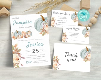 May include: A baby shower invitation with a watercolor pumpkin theme. The invitation is for Jessica and is on October 25th. The invitation includes a RSVP with a phone number and address. There are also cards for a diaper raffle and a book request for the baby.