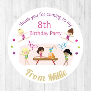 Gymnastics Party Personalised Birthday Stickers - Thank You Labels for Party Bags - Girl's Gym Party -12 or 24 stickers