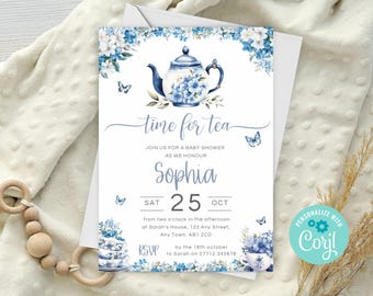 Time for Tea Baby Shower Invitation, Blue Floral Afternoon Tea Party Invite, Baby Boy Shower, Instant Download Editable Template LBA01